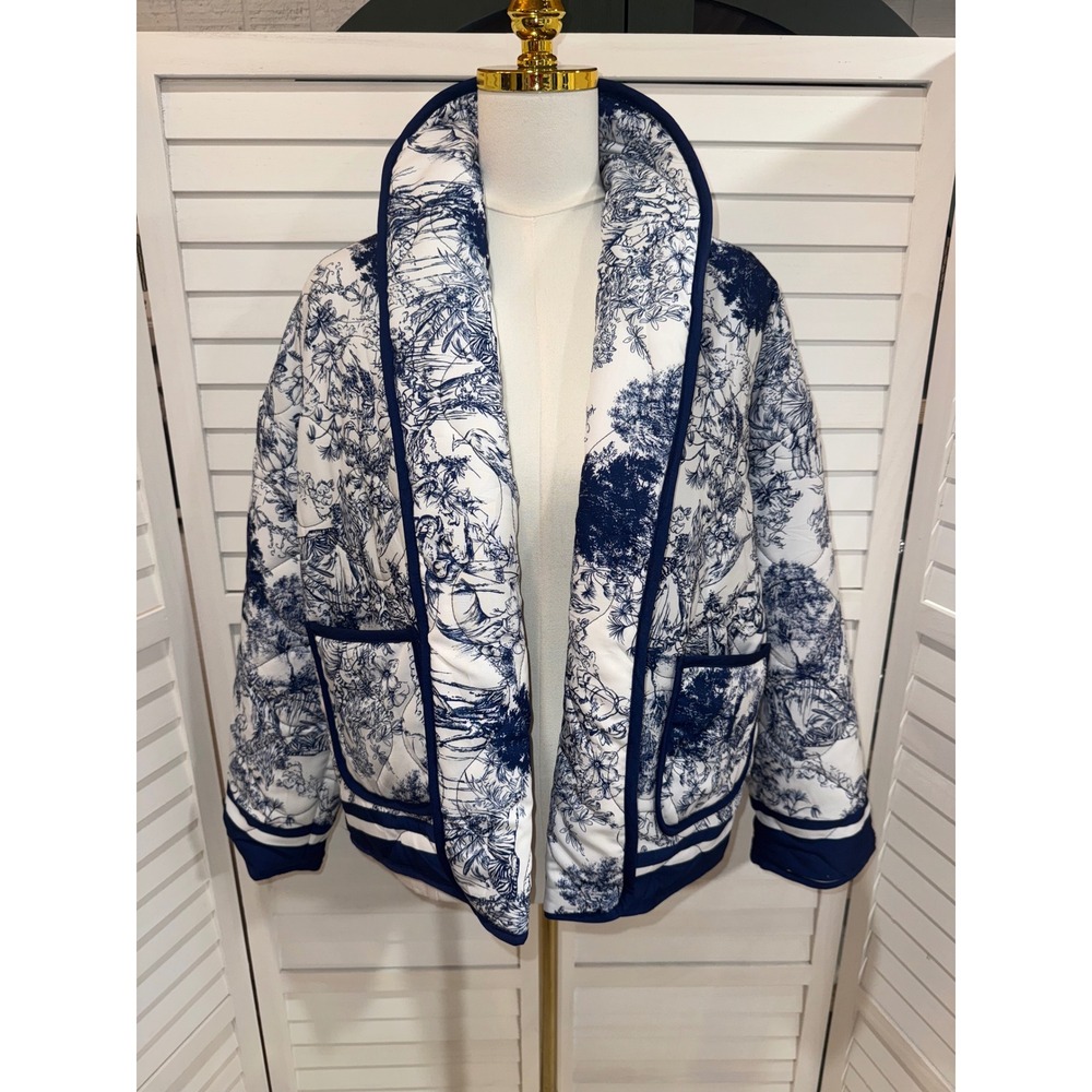 Unbranded Toile de Jouy Quilted Puffer Jacket Womens Blue White Small - Picture 2 of 8